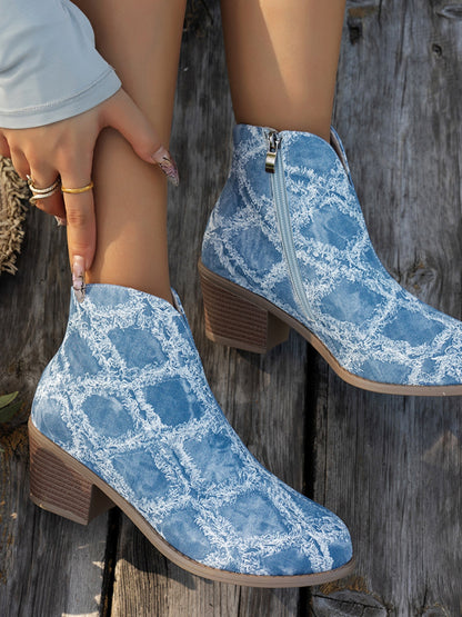 Printed Block Heel Boots with Side Zip