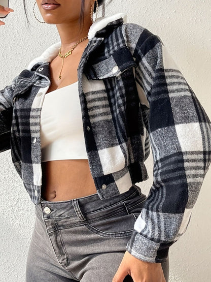 Plaid Snap Down Collared Neck Cropped Jacket